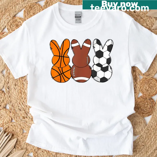 Whimsical Easter sports t-shirt with bunnies and sports icons