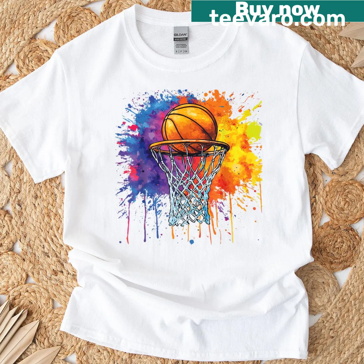 Illustration t-shirt featuring a colorful drip basketball graphic — on a men's t-shirt