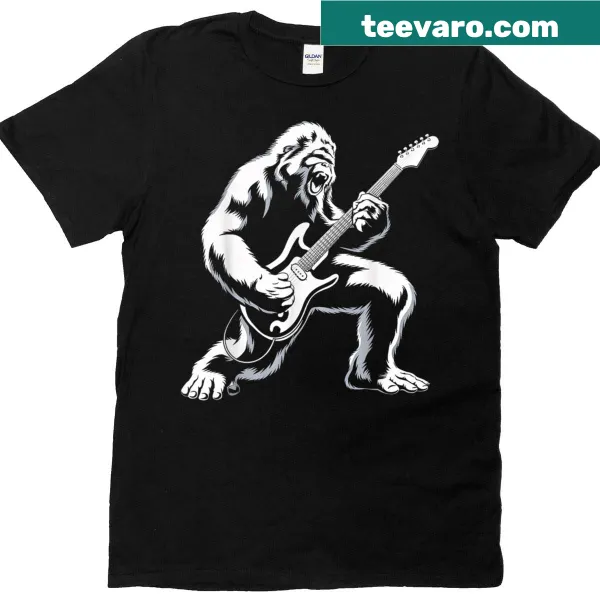 Bigfoot playing guitar graphic T-shirt for music lovers.