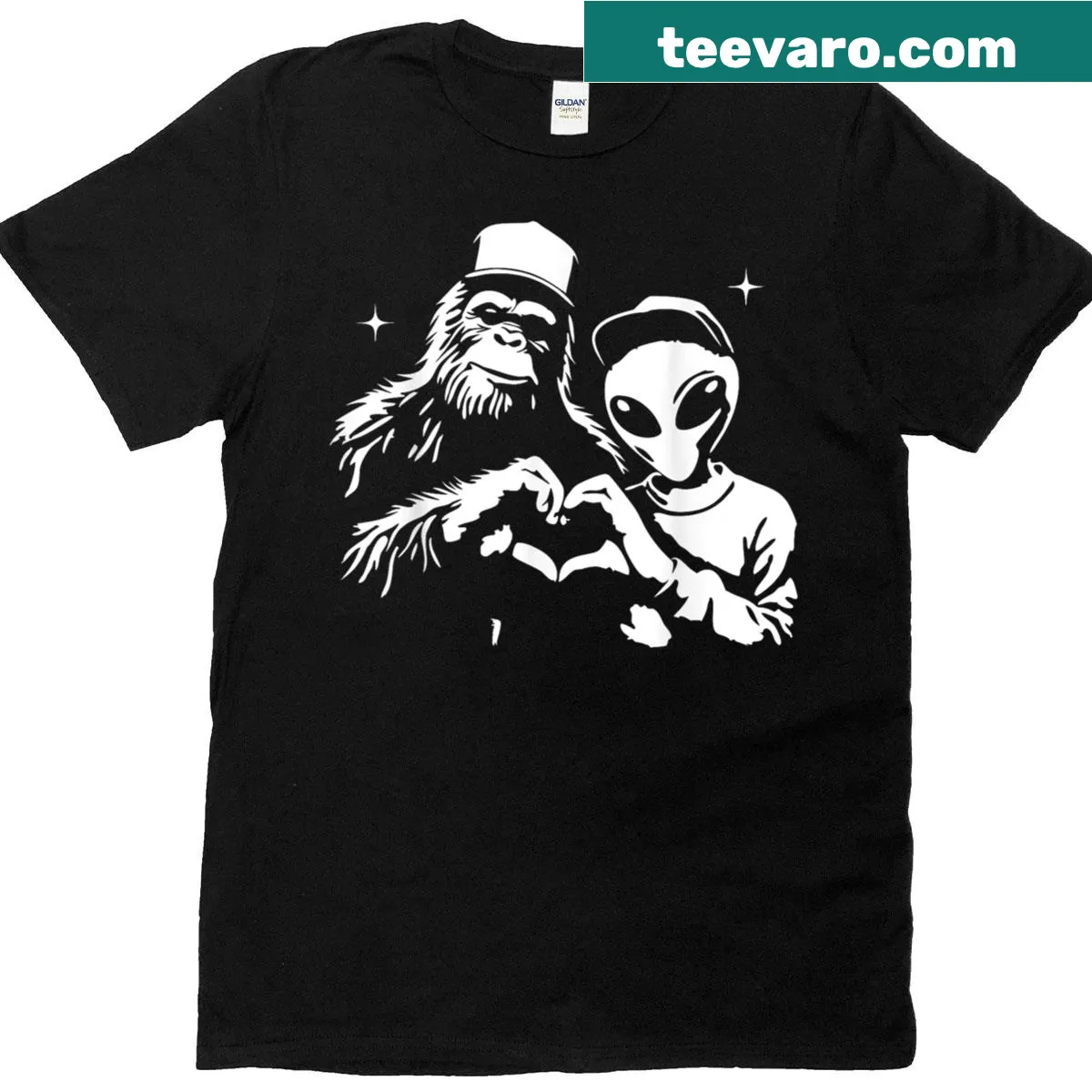 Funny Bigfoot alien love hand sign graphic T-shirt. — on a men's t-shirt