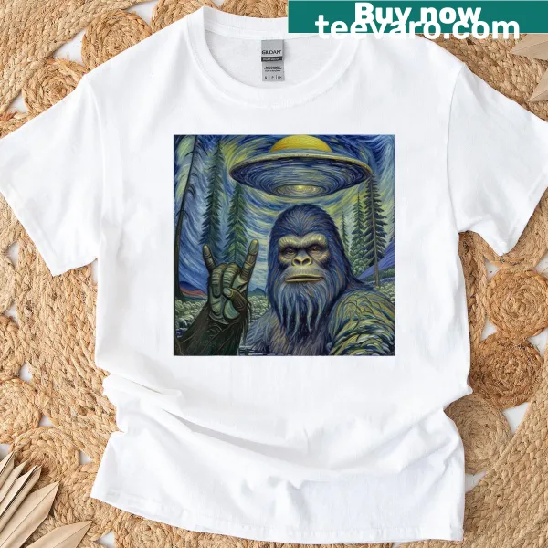 Bigfoot illustration in Starry Night style on creative t-shirt