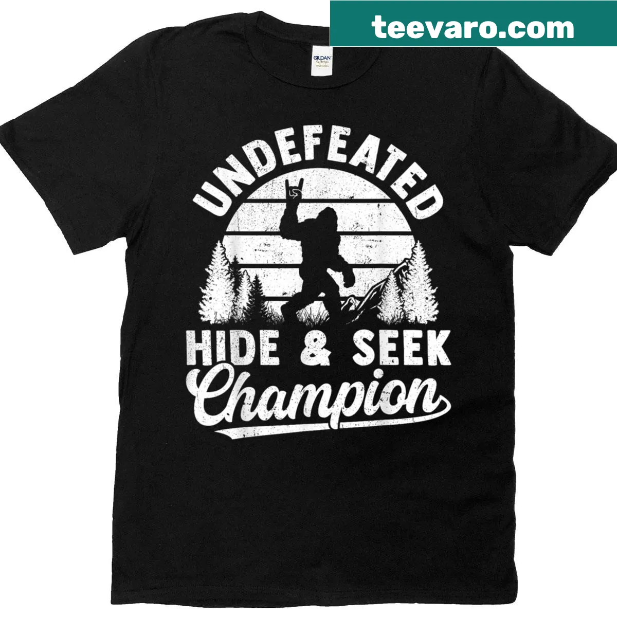 Vintage-style Bigfoot hide and seek champion graphic T-shirt. — on a men's t-shirt