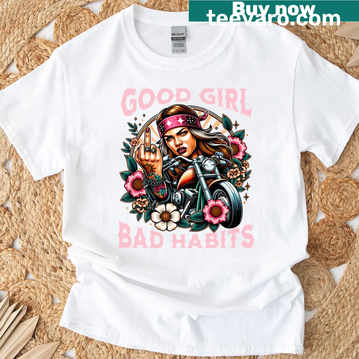 Funny biker girl t-shirt with good girl and bad habits illustration — on a men's t-shirt