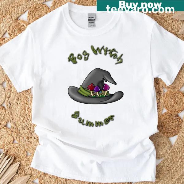 T-shirt featuring a whimsical bog witch illustration for summer