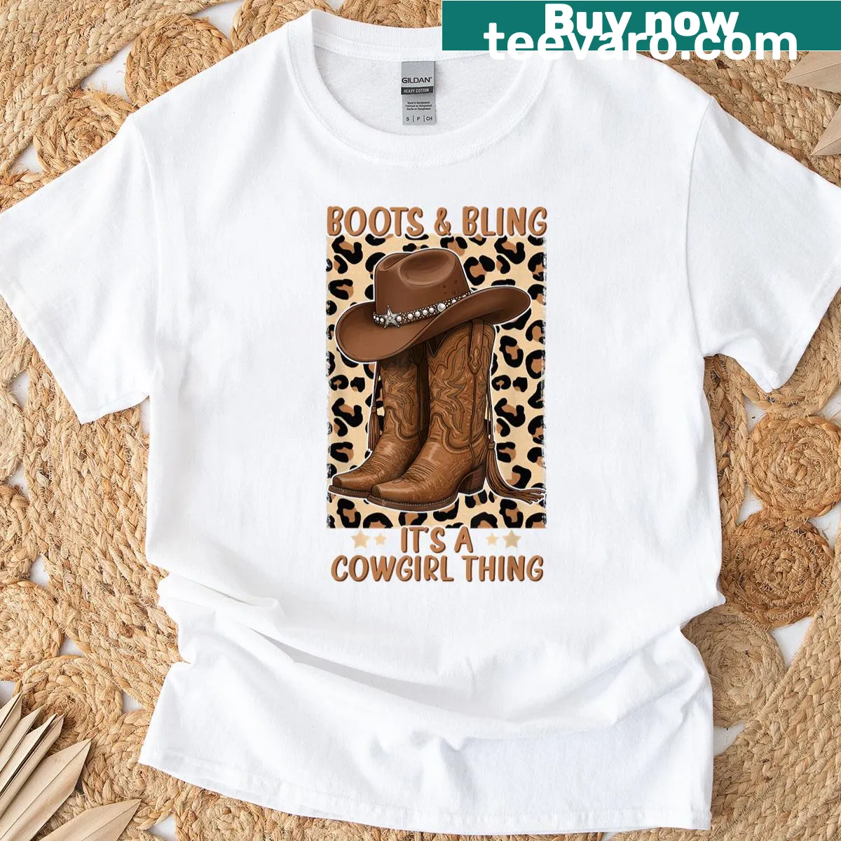 Illustration t-shirt with the phrase 'Boots And Bling It's A Cowgirl Thing' — on a men's t-shirt