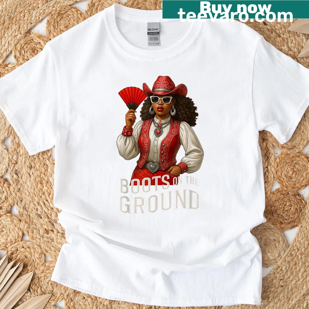 Cowgirl T-shirt featuring an illustration of linedance boots — on a men's t-shirt