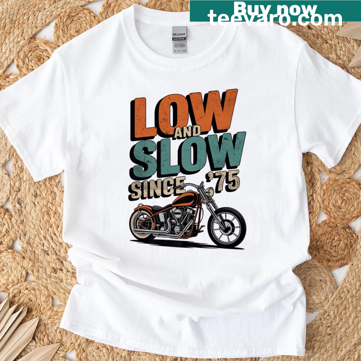 Bold typography T-shirt celebrating 1975 biker culture — on a men's t-shirt