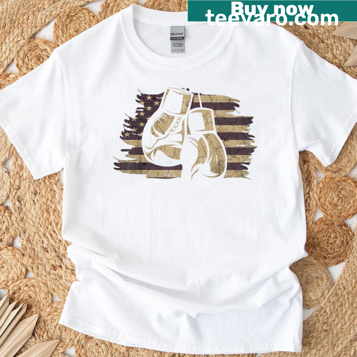 Retro boxing gloves T-shirt with American flag design — on a men's t-shirt