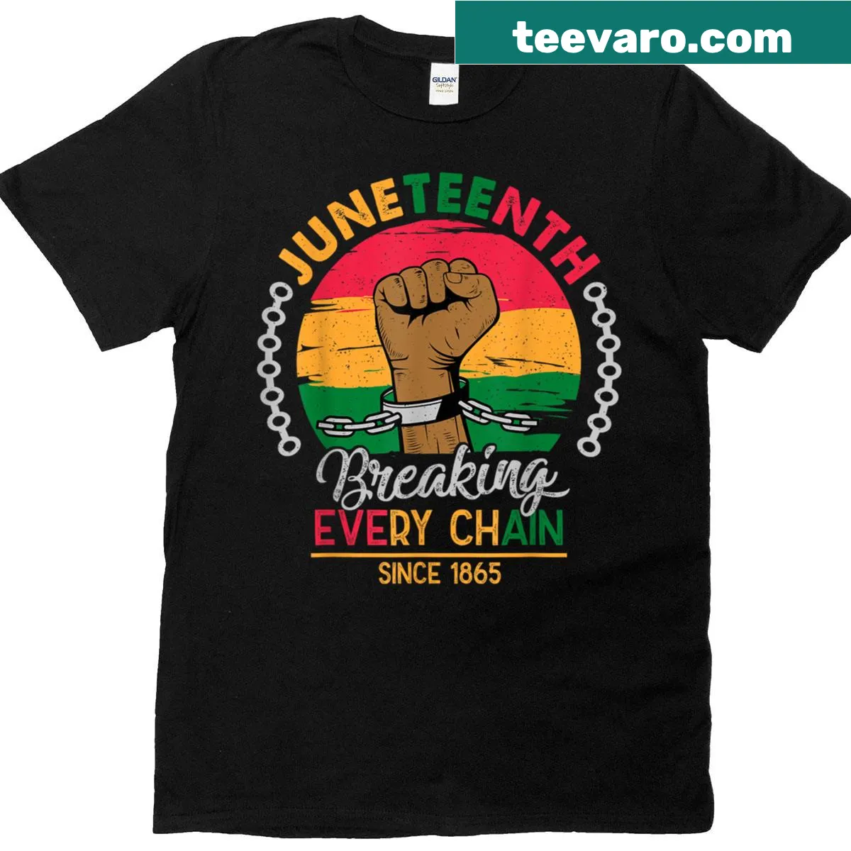 T-shirt celebrating Juneteenth with 'Breaking Every Chain Since 1865' text — on a men's t-shirt