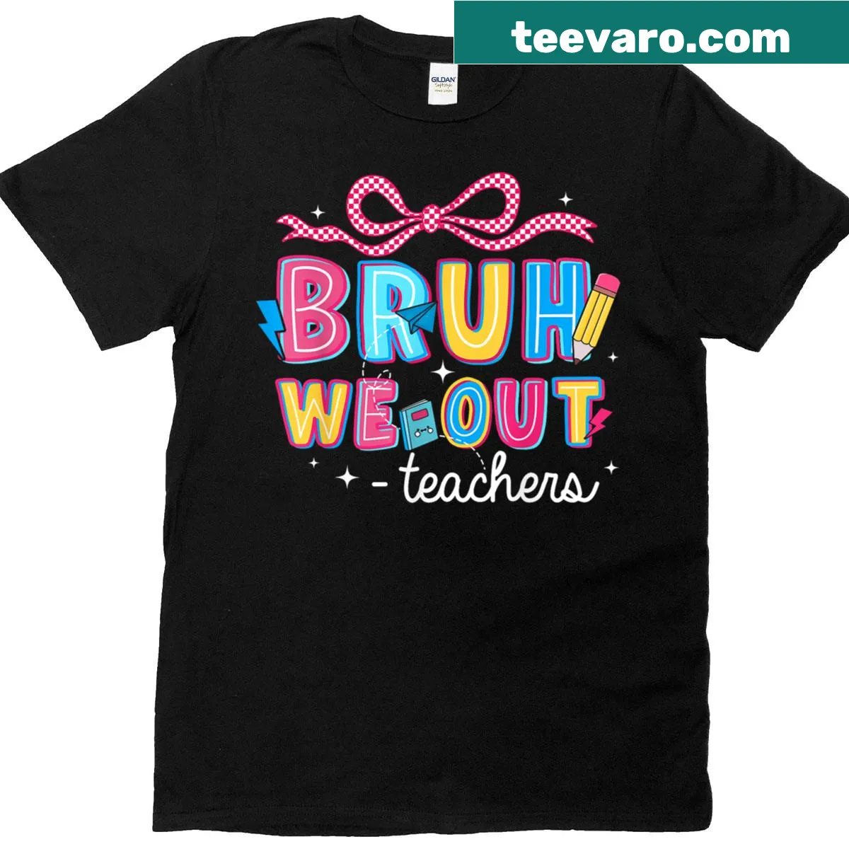Retro vintage teacher t-shirt with 'Bruh We Out Happy Last Day Of School' text — on a men's t-shirt