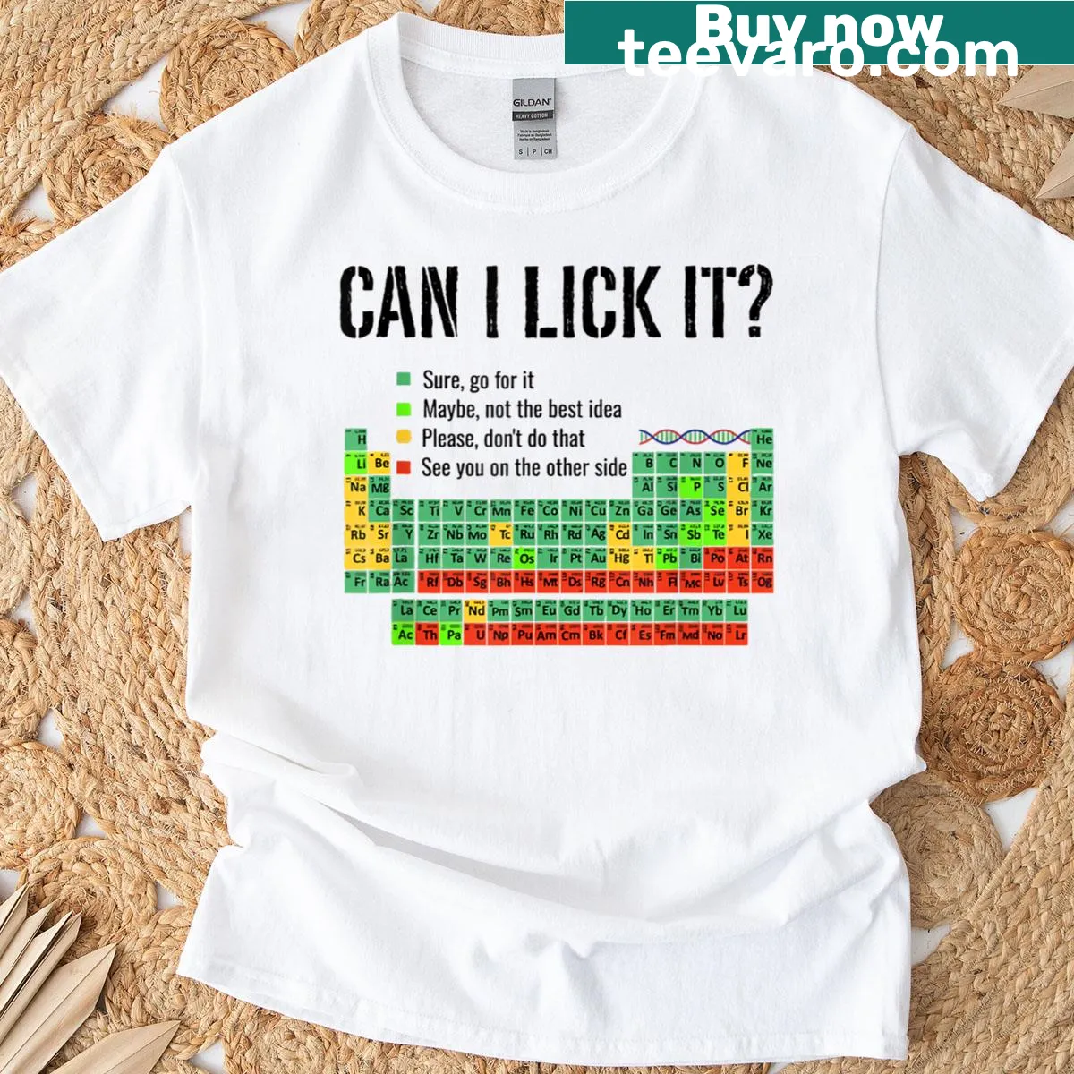 Funny typography t-shirt featuring the phrase 'Can I Lick It' with a chemistry theme — on a men's t-shirt