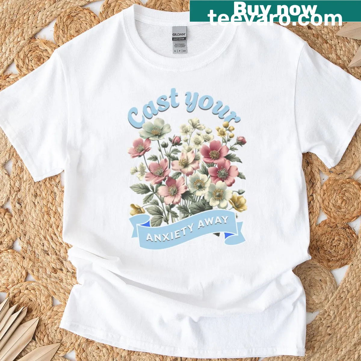 Inspiring graphic t-shirt featuring wildflowers and a calming message. — on a men's t-shirt
