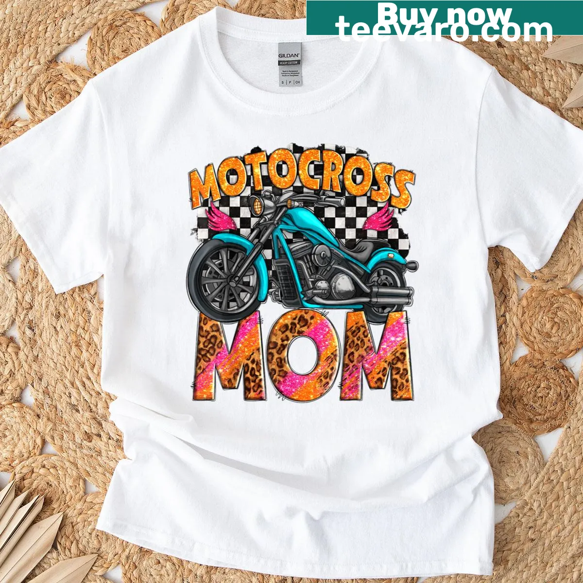 T-shirt with checkered motocross emblem for motorcycle moms — on a men's t-shirt