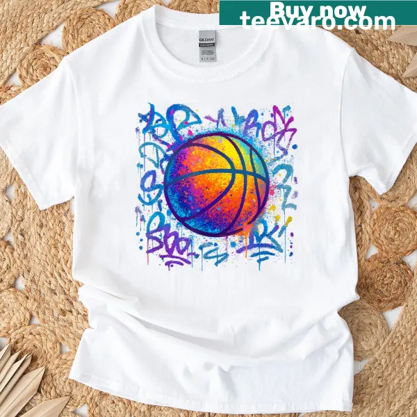 Graffiti-style basketball graphic on a sports-themed t-shirt