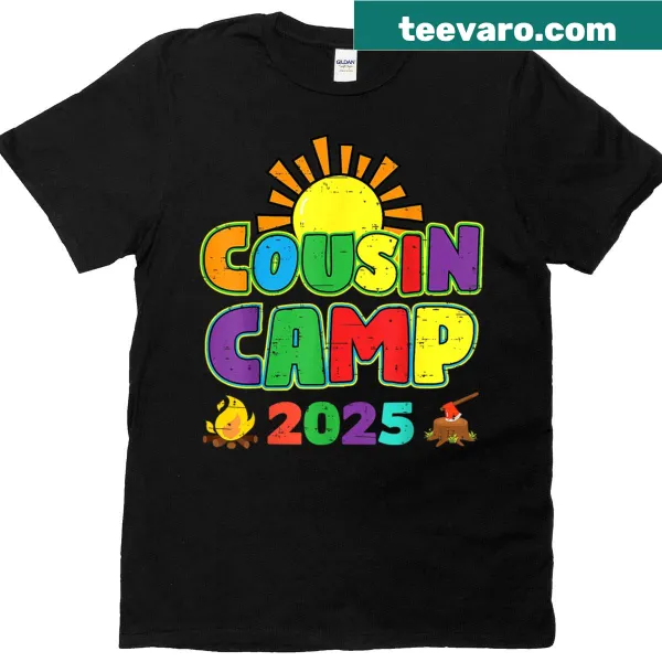 Cousin Camp 2025 T-shirt with playful camping-themed graphics