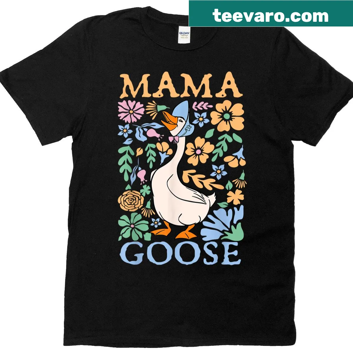 Illustrative T-shirt with a mama goose and floral designs for Mother's Day — on a men's t-shirt