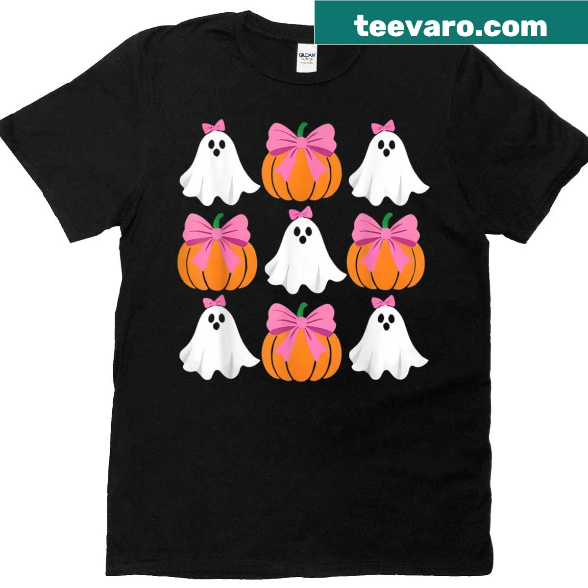 Cute Halloween ghost with bows and pumpkins graphic — on a men's t-shirt