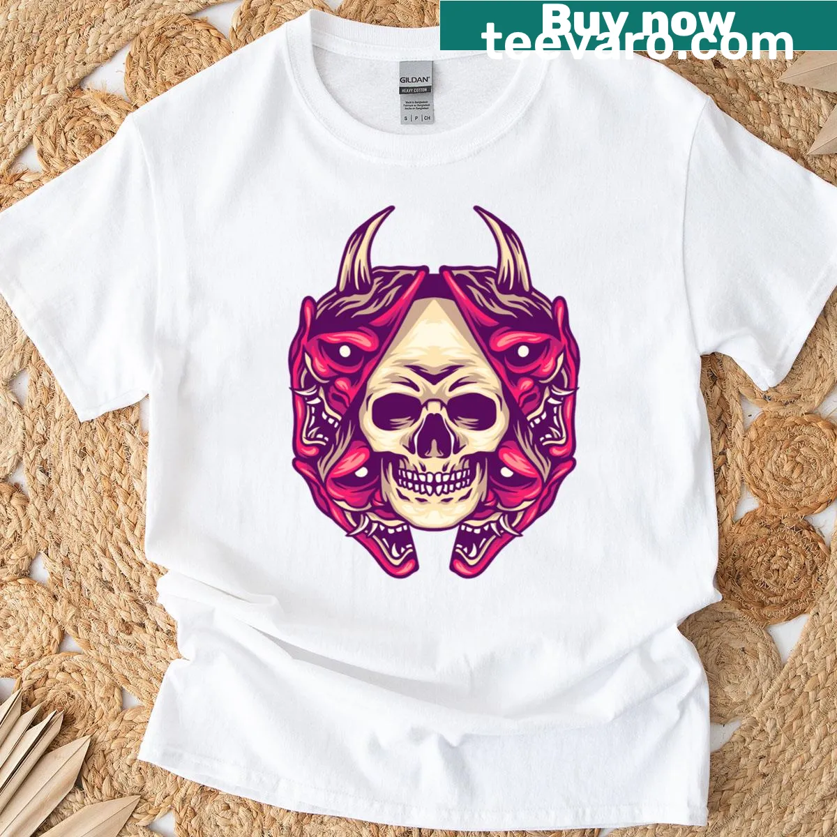 Halloween-themed t-shirt featuring a devil skull design — on a men's t-shirt