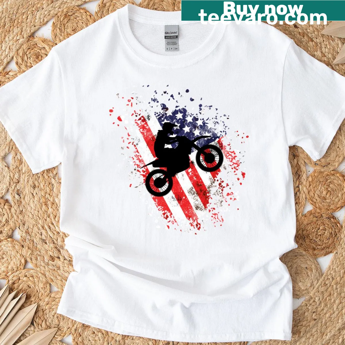 Vintage dirt bike t-shirt with American flag design — on a men's t-shirt