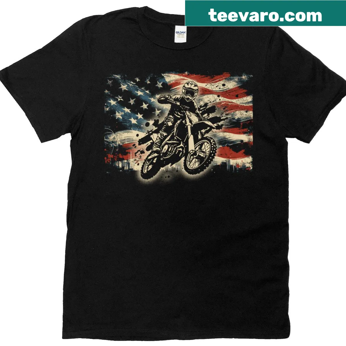 Vintage-style dirt bike T-shirt with American flag design — on a men's t-shirt