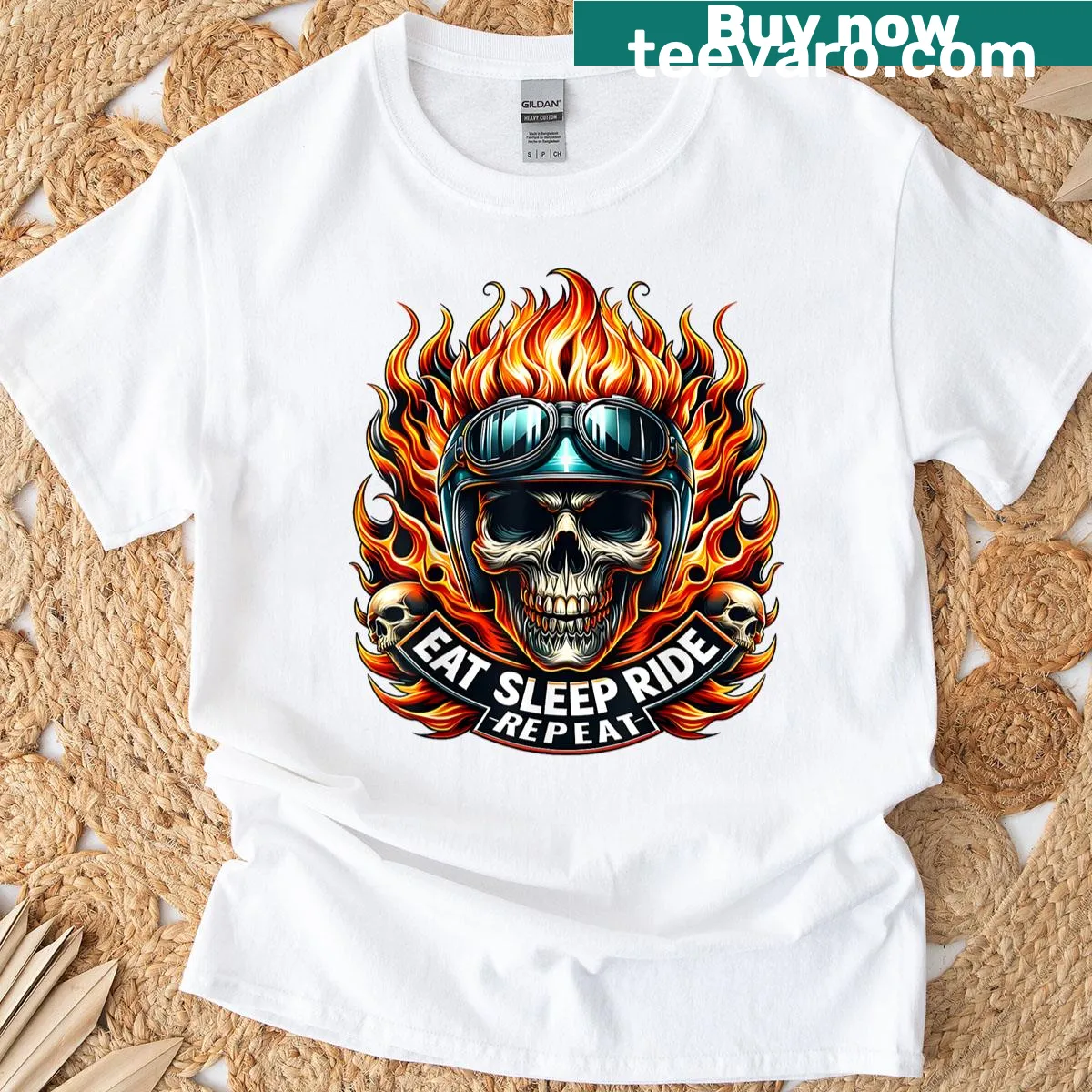 Funny motorcycle t-shirt with 'Eat Sleep Ride Repeat' slogan — on a men's t-shirt