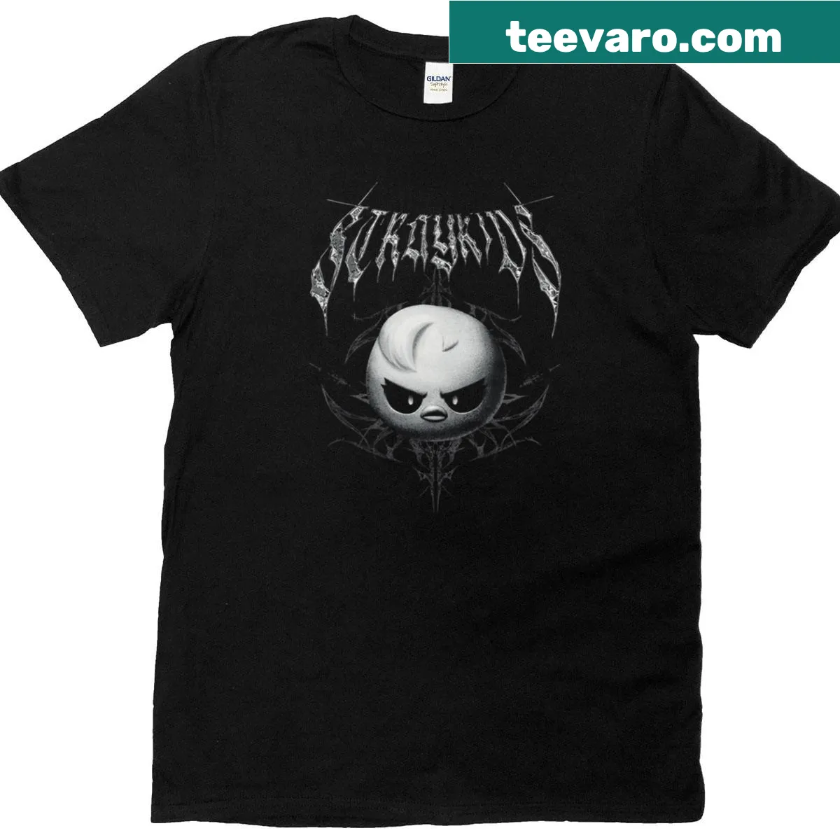 T-shirt featuring a playful illustration of Bbokari Felix from Stray Kids — on a men's t-shirt
