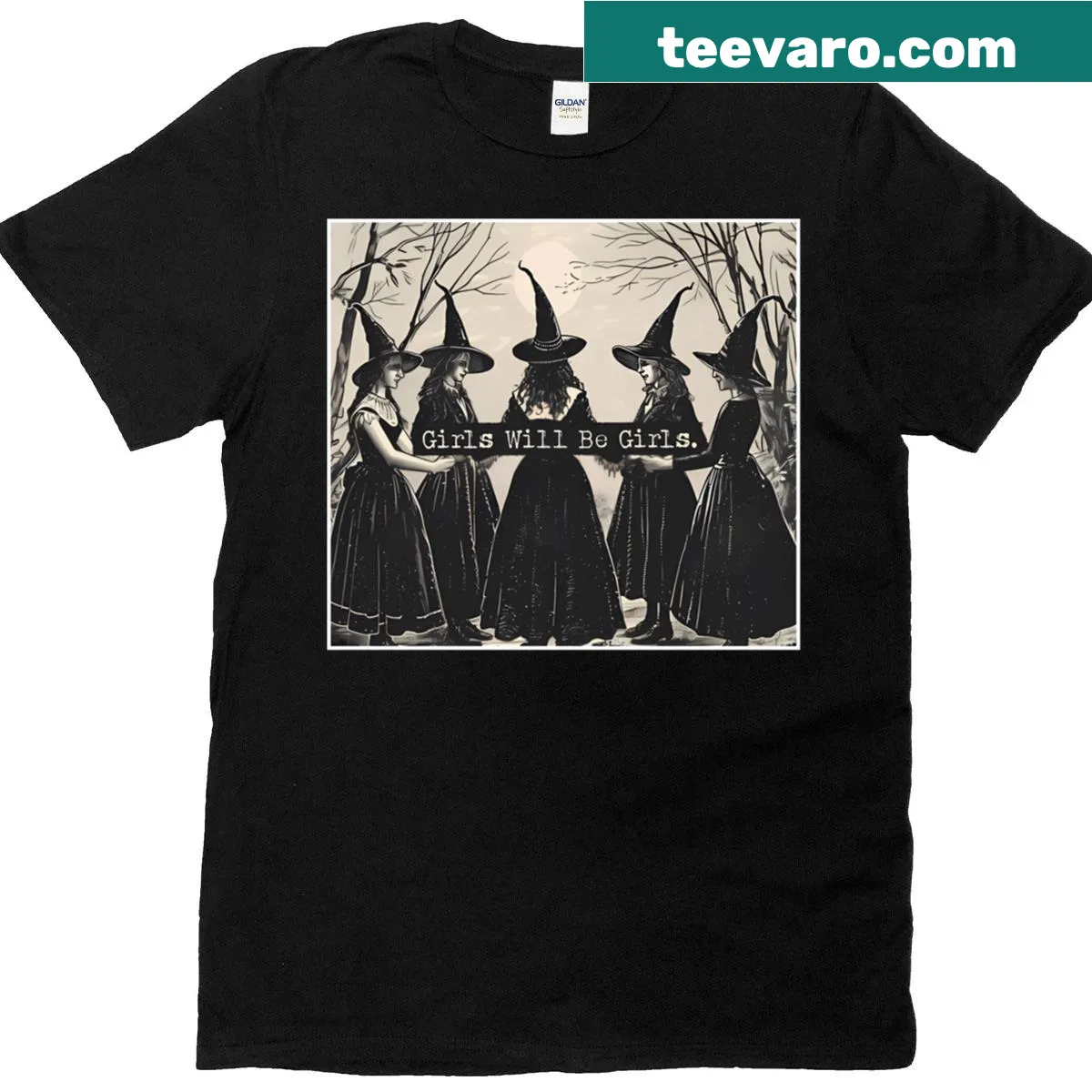 Whimsical Halloween witches graphic with feminist message — on a men's t-shirt