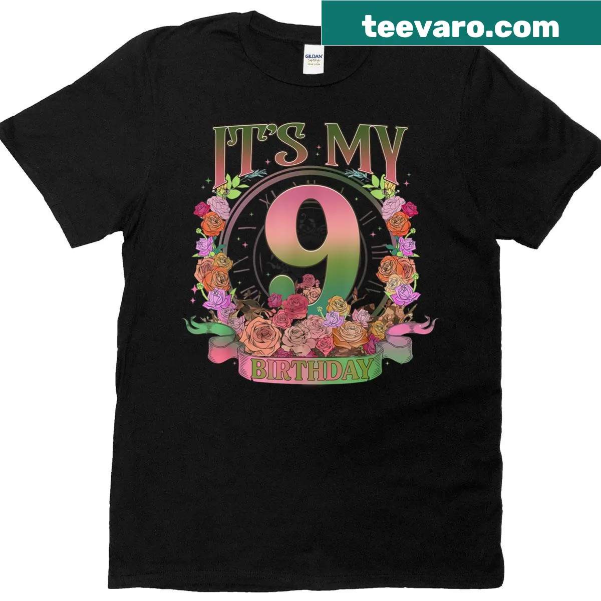 Birthday t-shirt for girls turning 9 with floral design — on a men's t-shirt