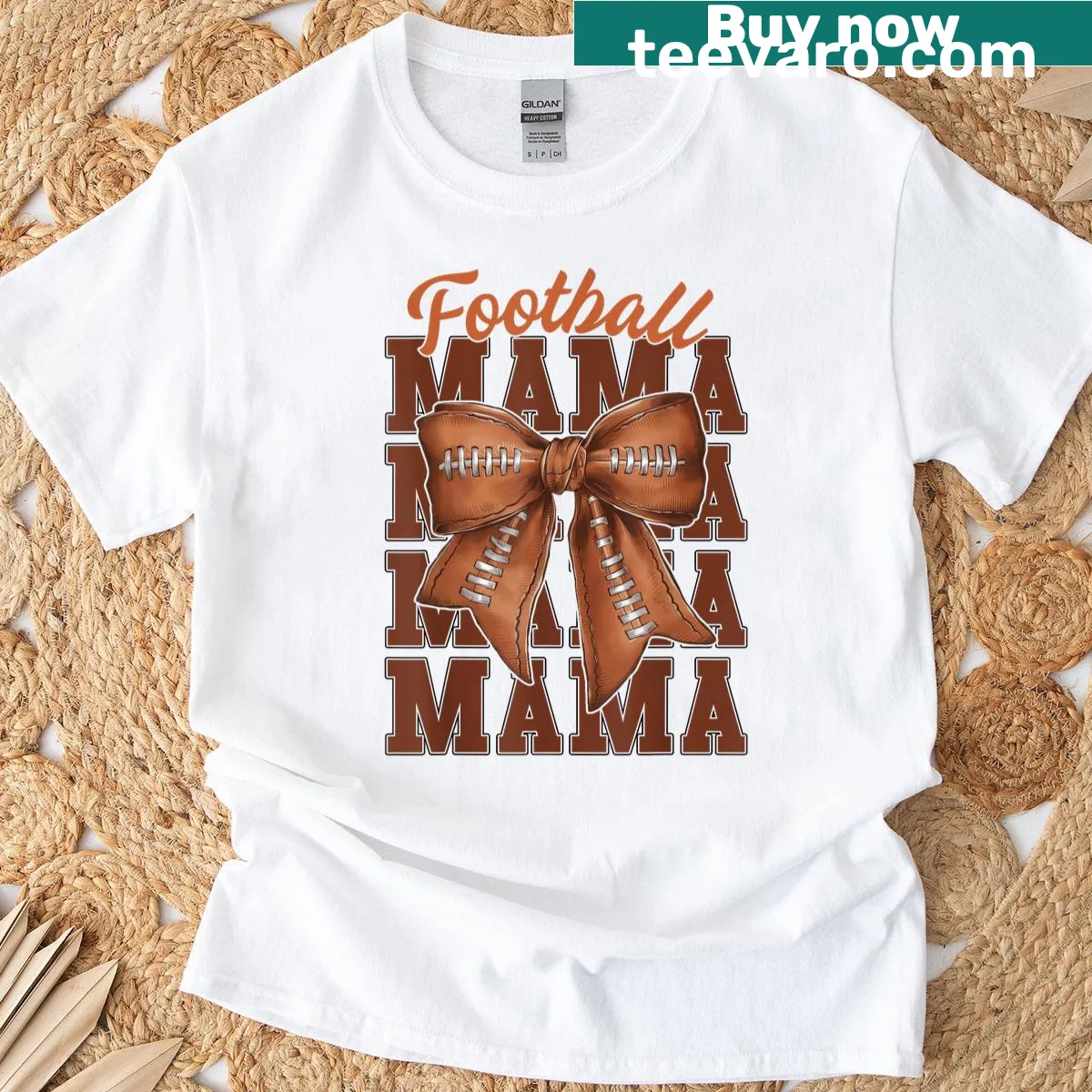 T-shirt with Football Mama typography and coquette bow design — on a men's t-shirt