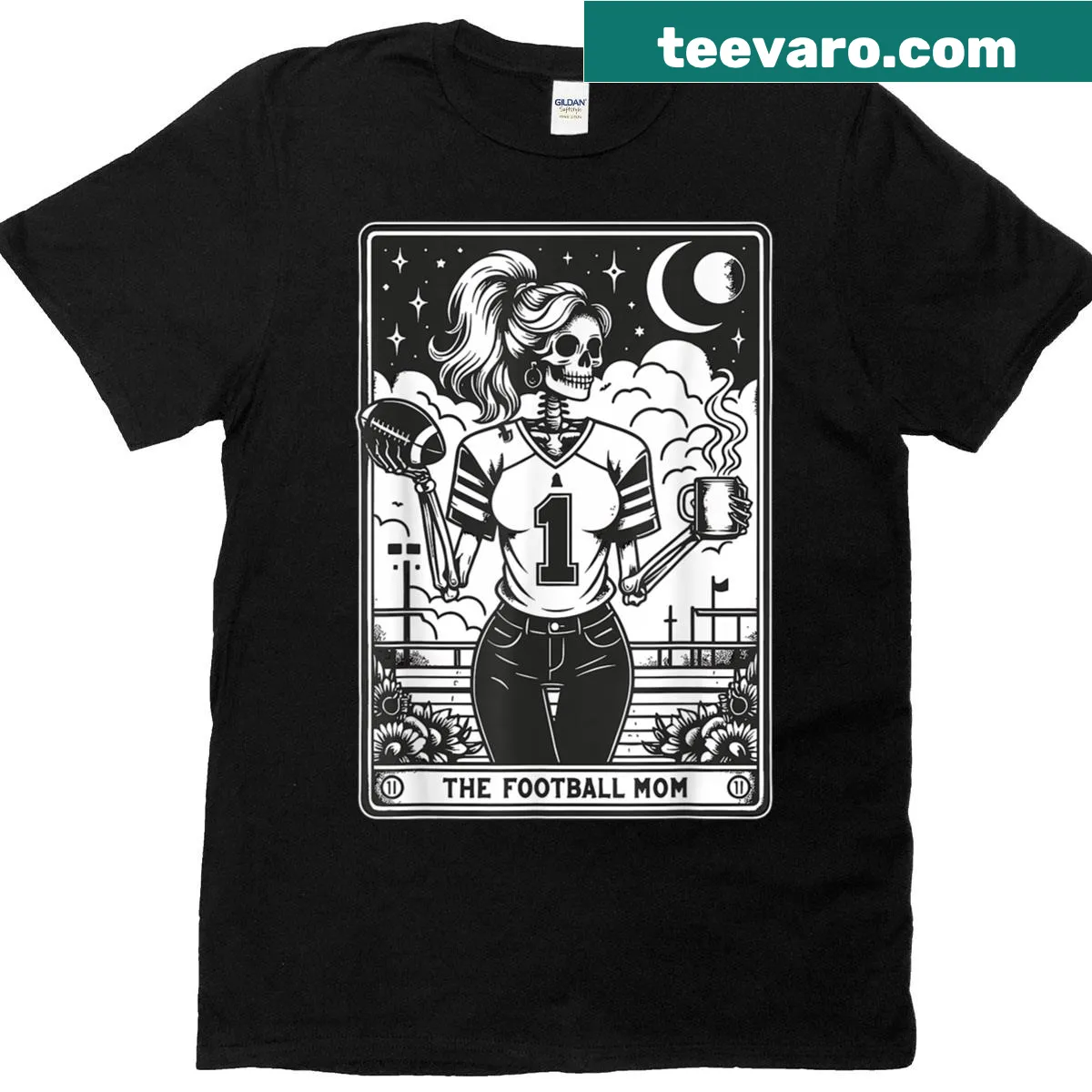 Whimsical tarot card design for football moms — on a men's t-shirt
