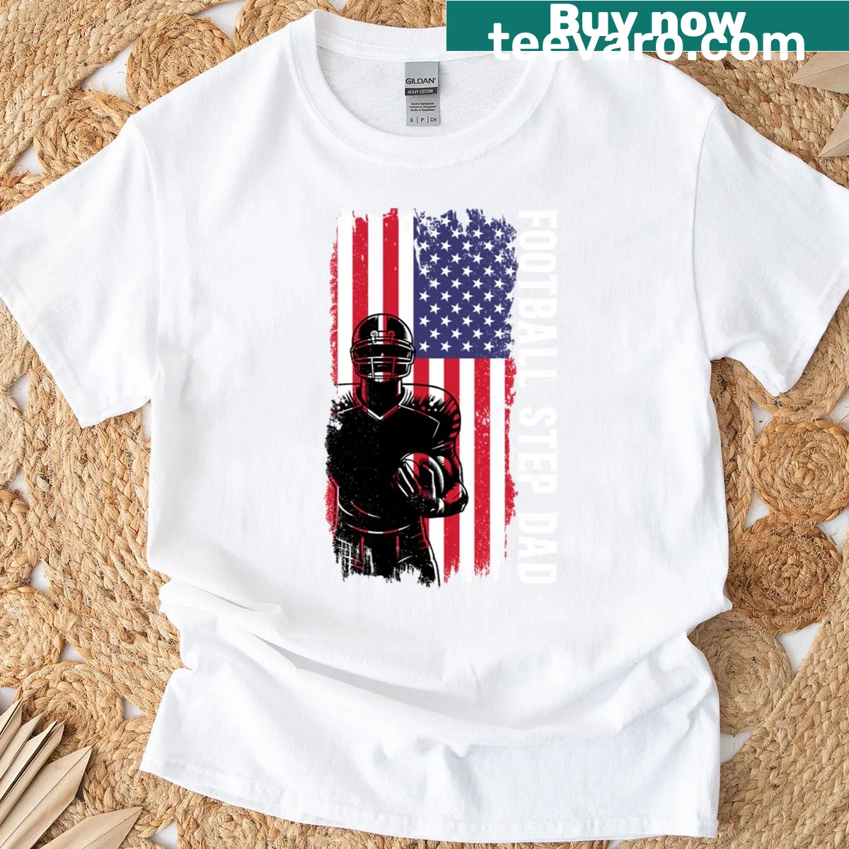 T-shirt for stepdads featuring Football Player and US Flag design — on a men's t-shirt