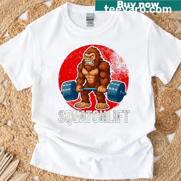 Cartoon-style T-shirt featuring Bigfoot lifting weights with the word Squatchlift