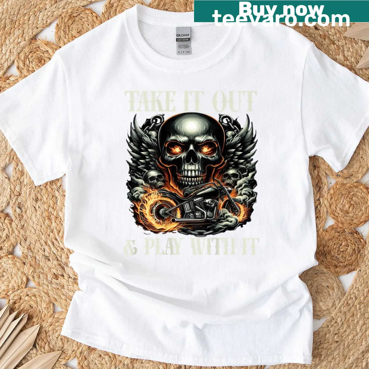 Skull graphic with funny saying on back for bikers — on a men's t-shirt