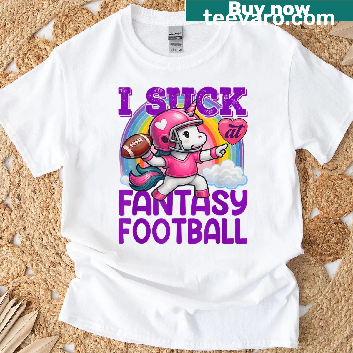Unicorn graphic with humorous text about fantasy football — on a men's t-shirt