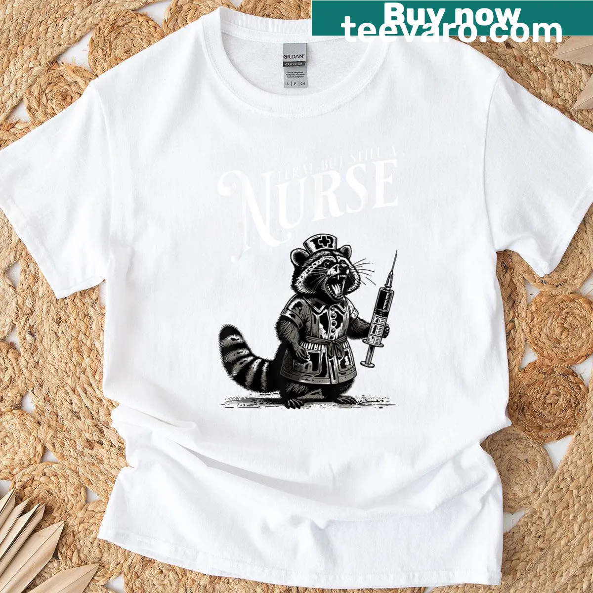 Funny nurse t-shirt featuring a raccoon graphic — on a men's t-shirt