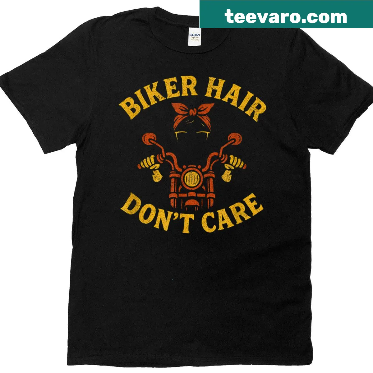 Illustrated biker T-shirt with 'Hair Don't Care' slogan — on a men's t-shirt