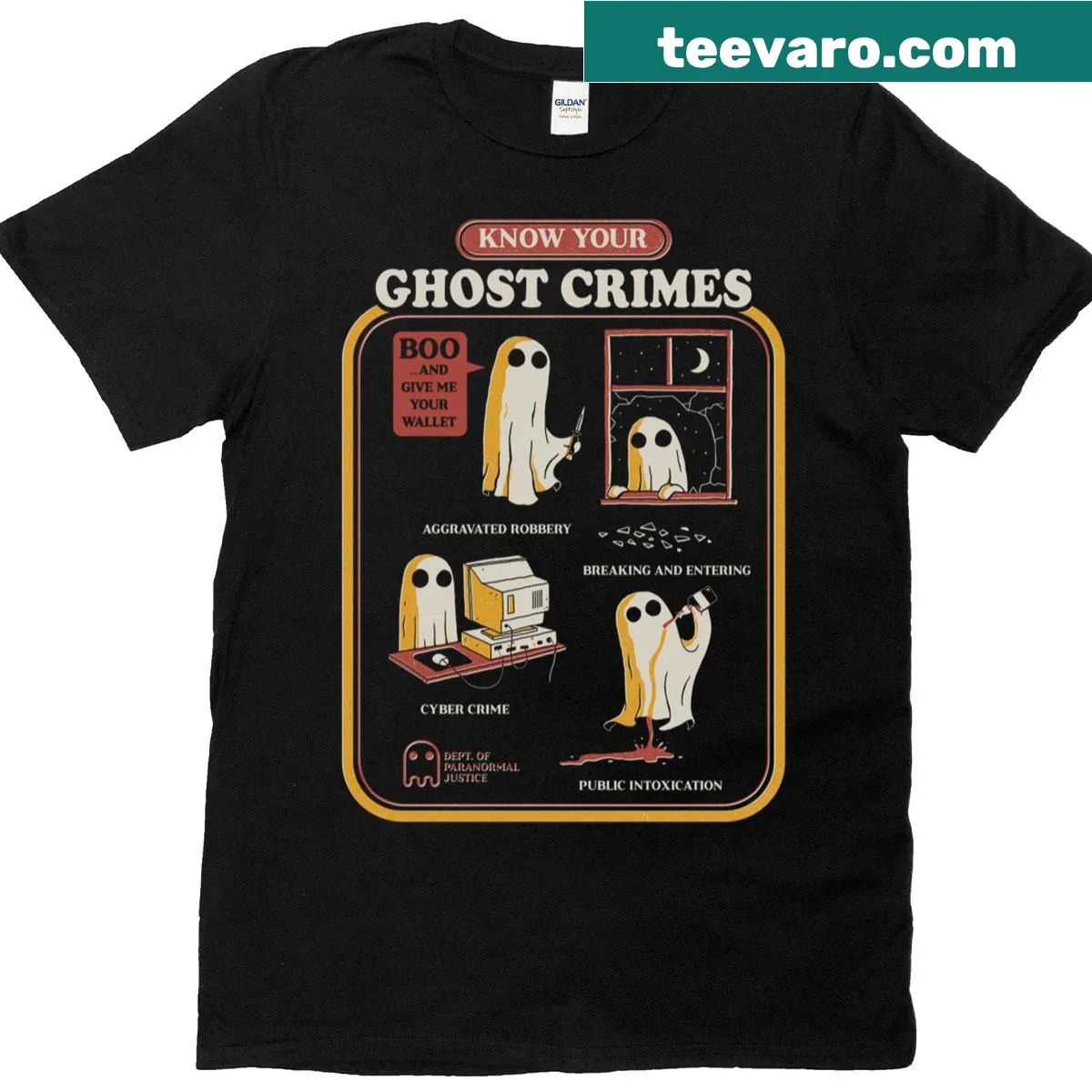 T-shirt with a humorous tagline about ghost crimes — on a men's t-shirt