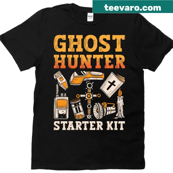 Ghost Hunting graphic T-shirt featuring spooky tools for the paranormal