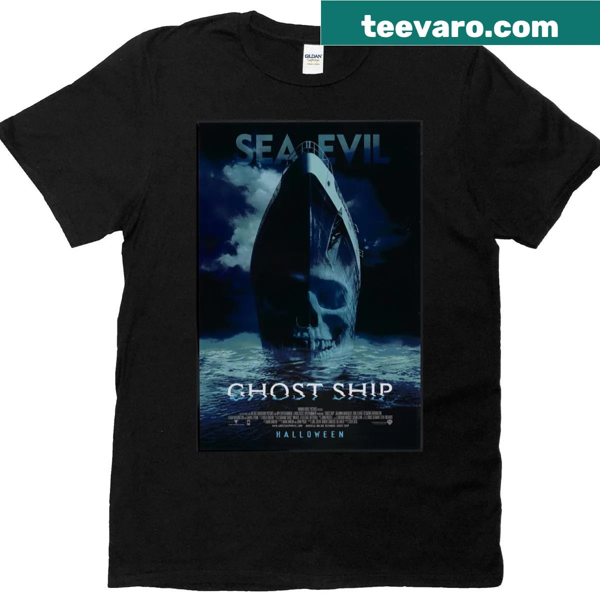 T-shirt featuring an illustrated ghost ship design — on a men's t-shirt