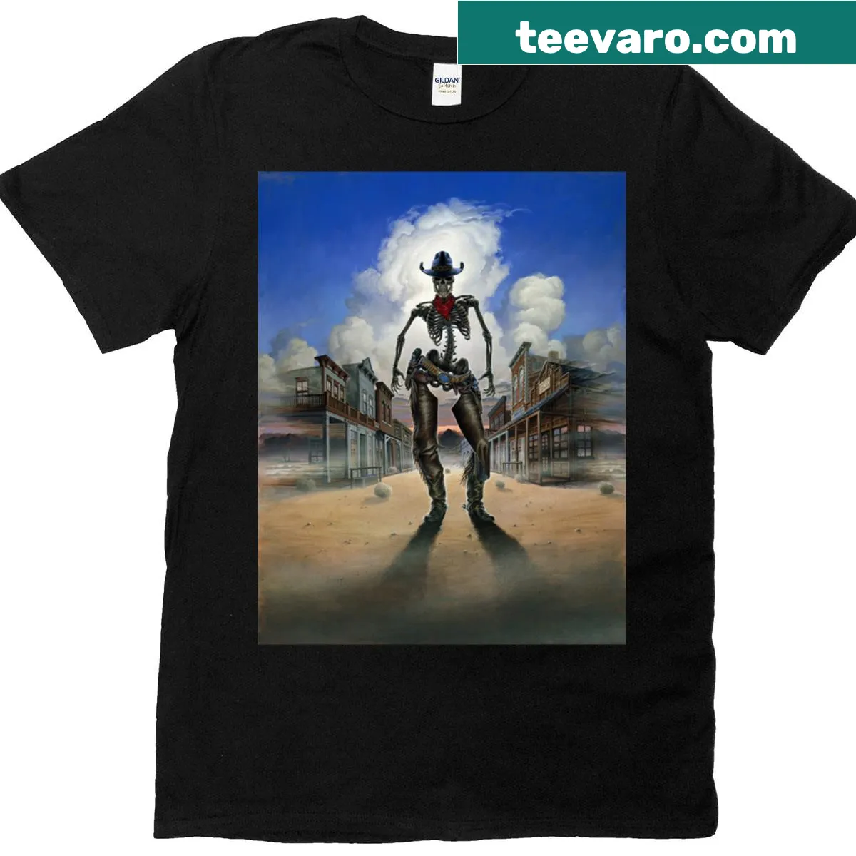 Oversized ghost town illustration on a vintage-styled t-shirt — on a men's t-shirt