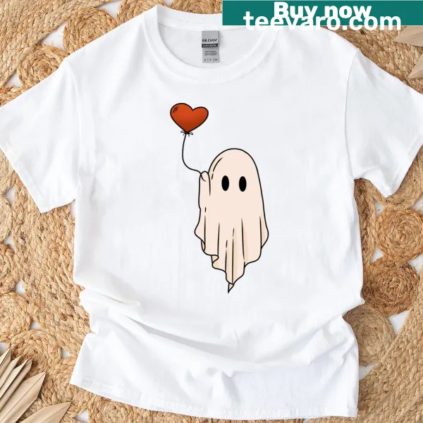 Cute ghost holding heart balloon on t-shirt