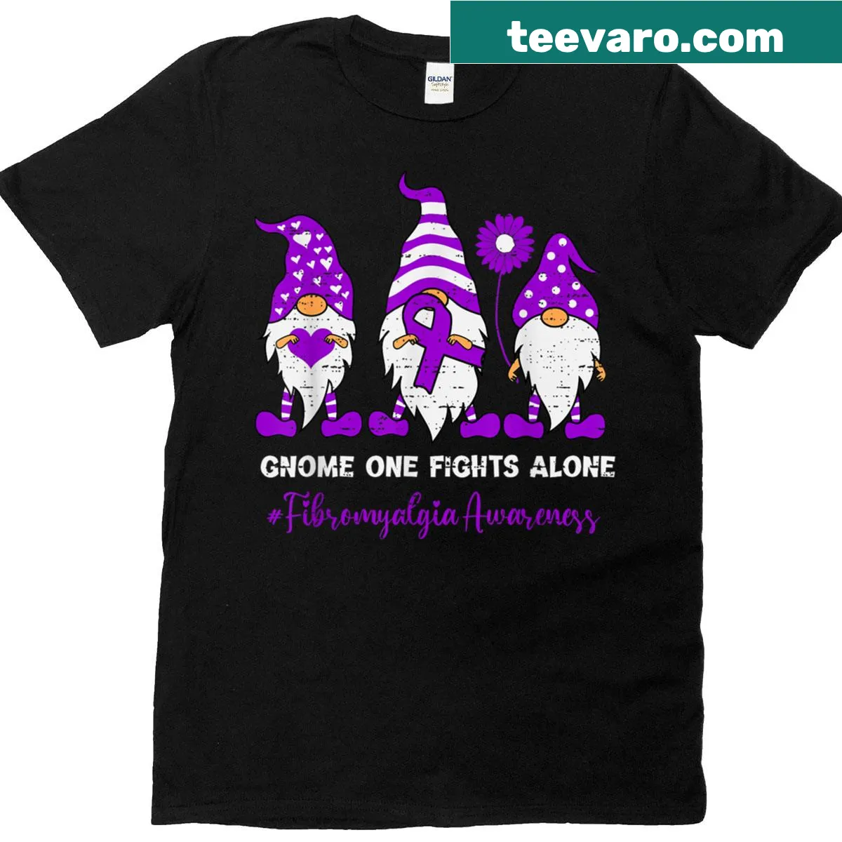 Gnome-themed t-shirt promoting fibromyalgia awareness with a purple ribbon — on a men's t-shirt