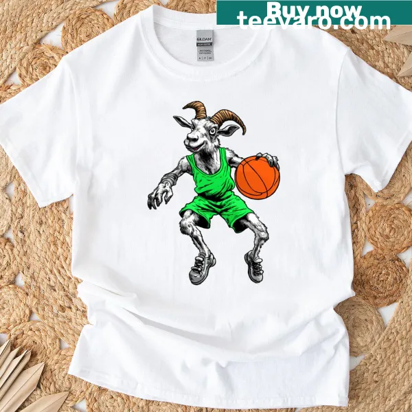 Playful cartoon goat dribbling a basketball on a t-shirt