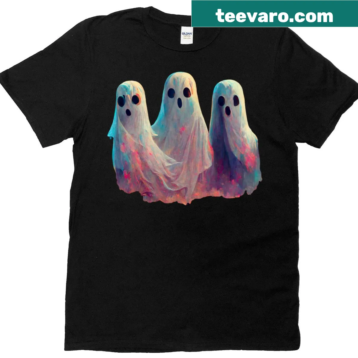 Cartoon-style t-shirt with a playful ghost design for Halloween — on a men's t-shirt