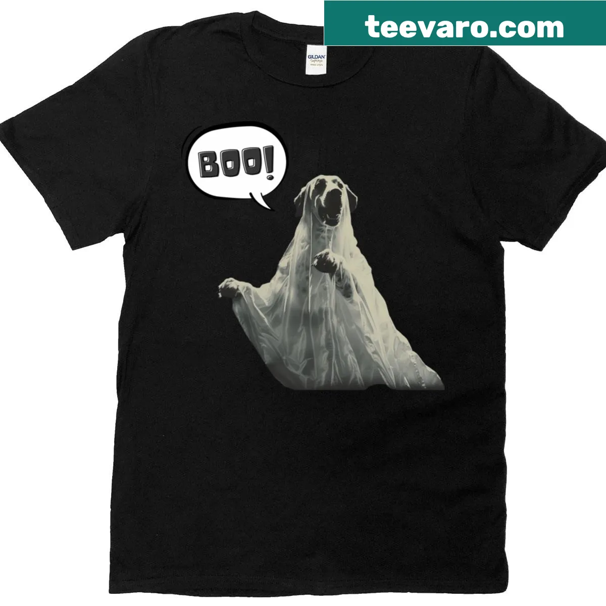 Vintage ghost dog graphic on oversized Halloween t-shirt — on a men's t-shirt