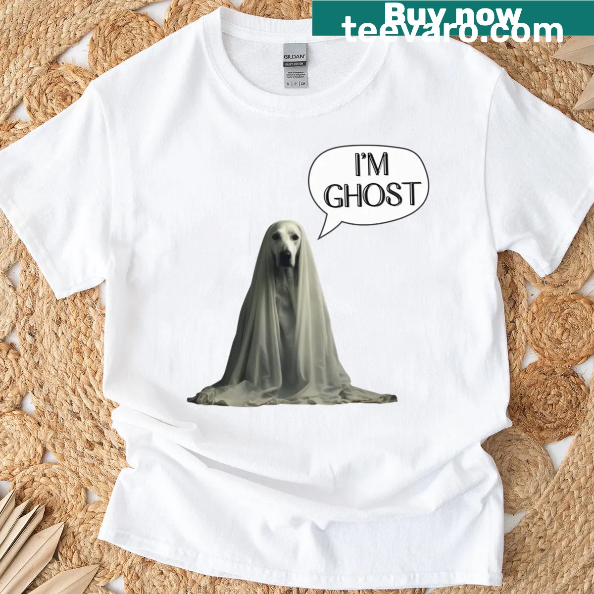 Vintage style T-shirt with a ghost dog graphic — on a men's t-shirt