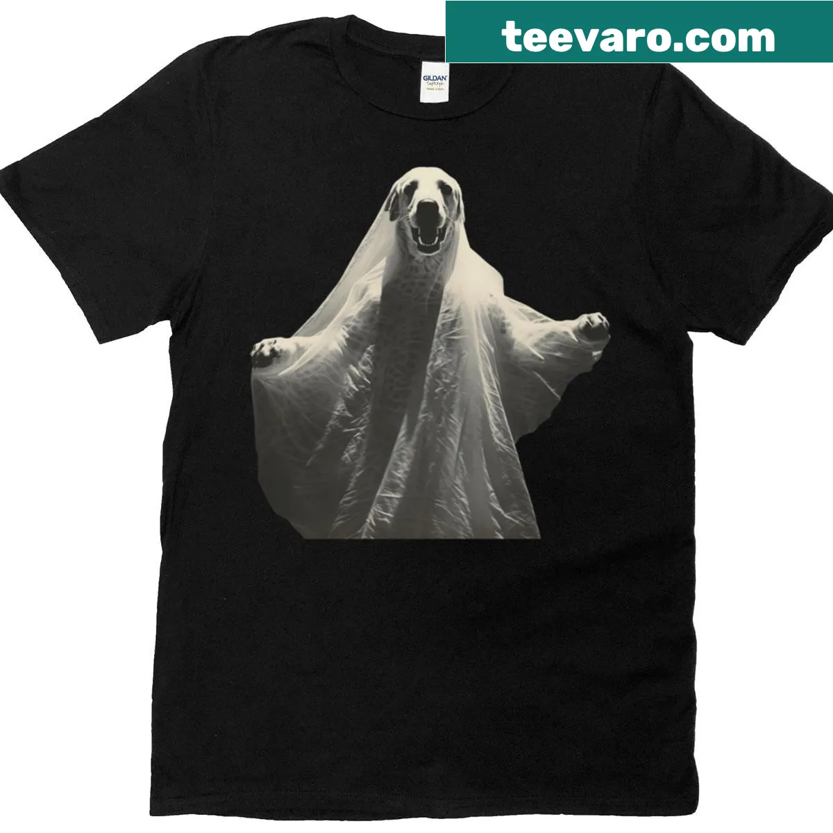 Halloween ghost dog graphic T-shirt — on a men's t-shirt