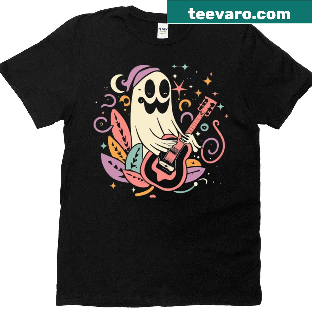 T-shirt featuring a ghost playing guitar for Halloween — on a men's t-shirt