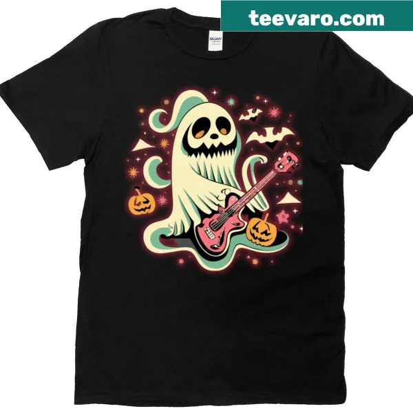 Illustration of a ghost with a guitar for Halloween oversized T-shirt.