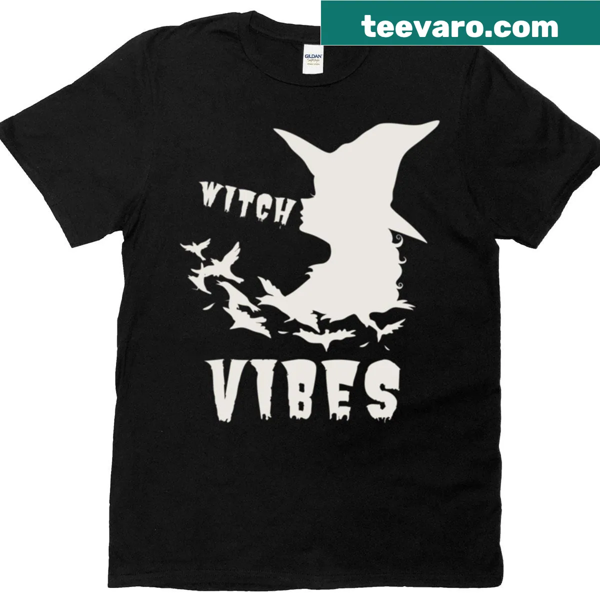 T-shirt featuring bold text about witch vibes for Halloween — on a men's t-shirt